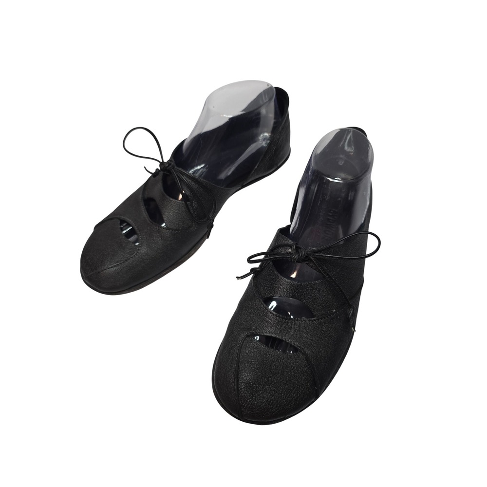 Cydwoq Black Leather Lace Up Cutout Flats Wood Sole Handmade USA Size
 39.5 Rare